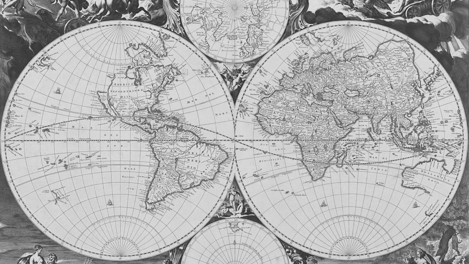 An old world map with celestial figures