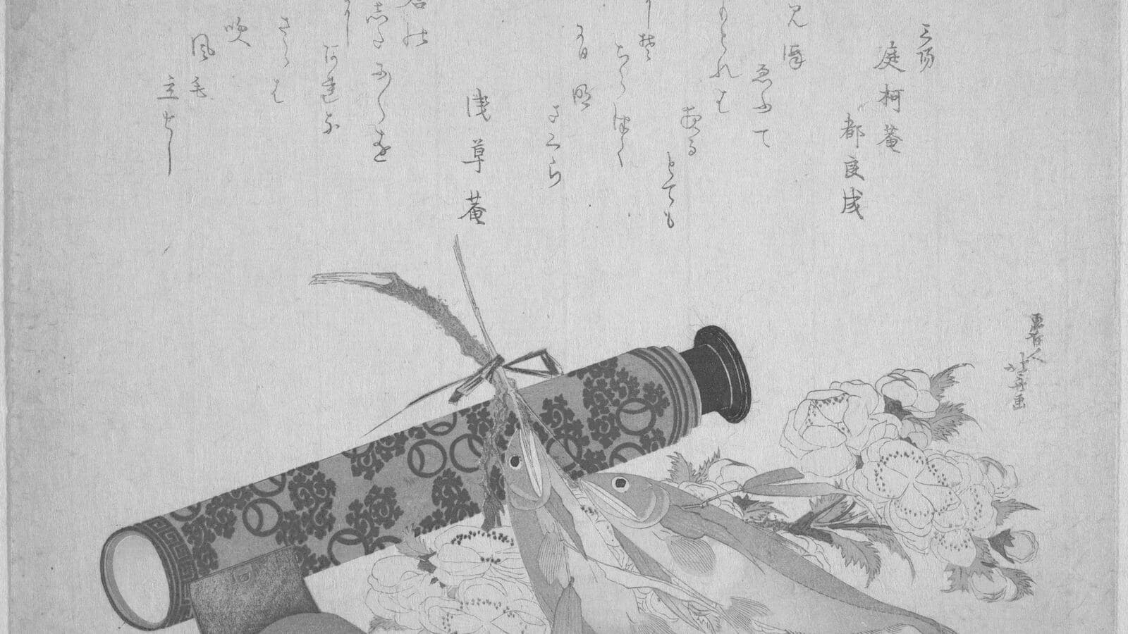 A Japanese still life with a spyglass and a cherry branch