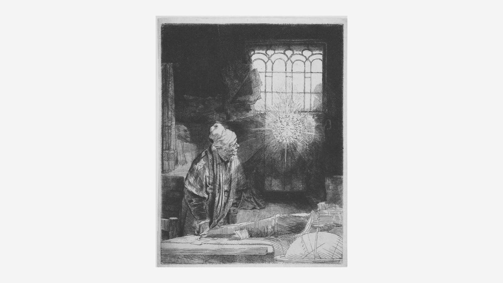 A scholar in his study («Faust»), etching by Rembrandt
