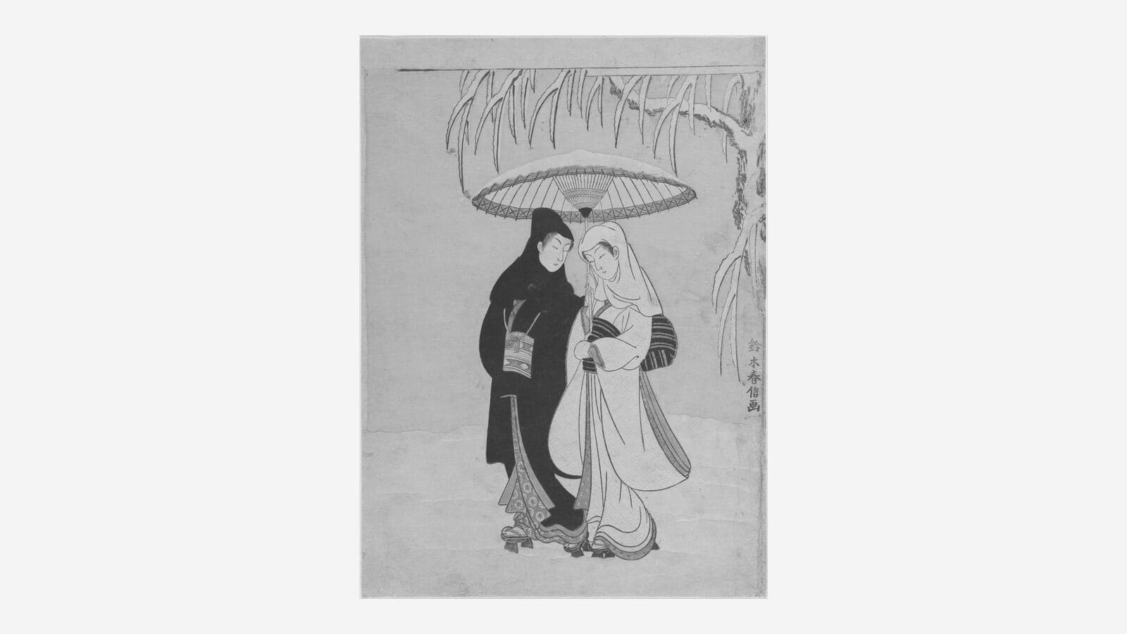 A couple walking in the snow sharing an umbrella, print by Harunobu