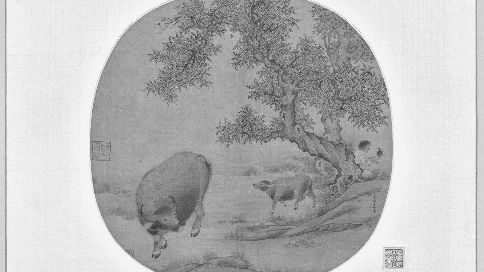 Un hombre con un búfalo y su ternero, pintura china de Li You