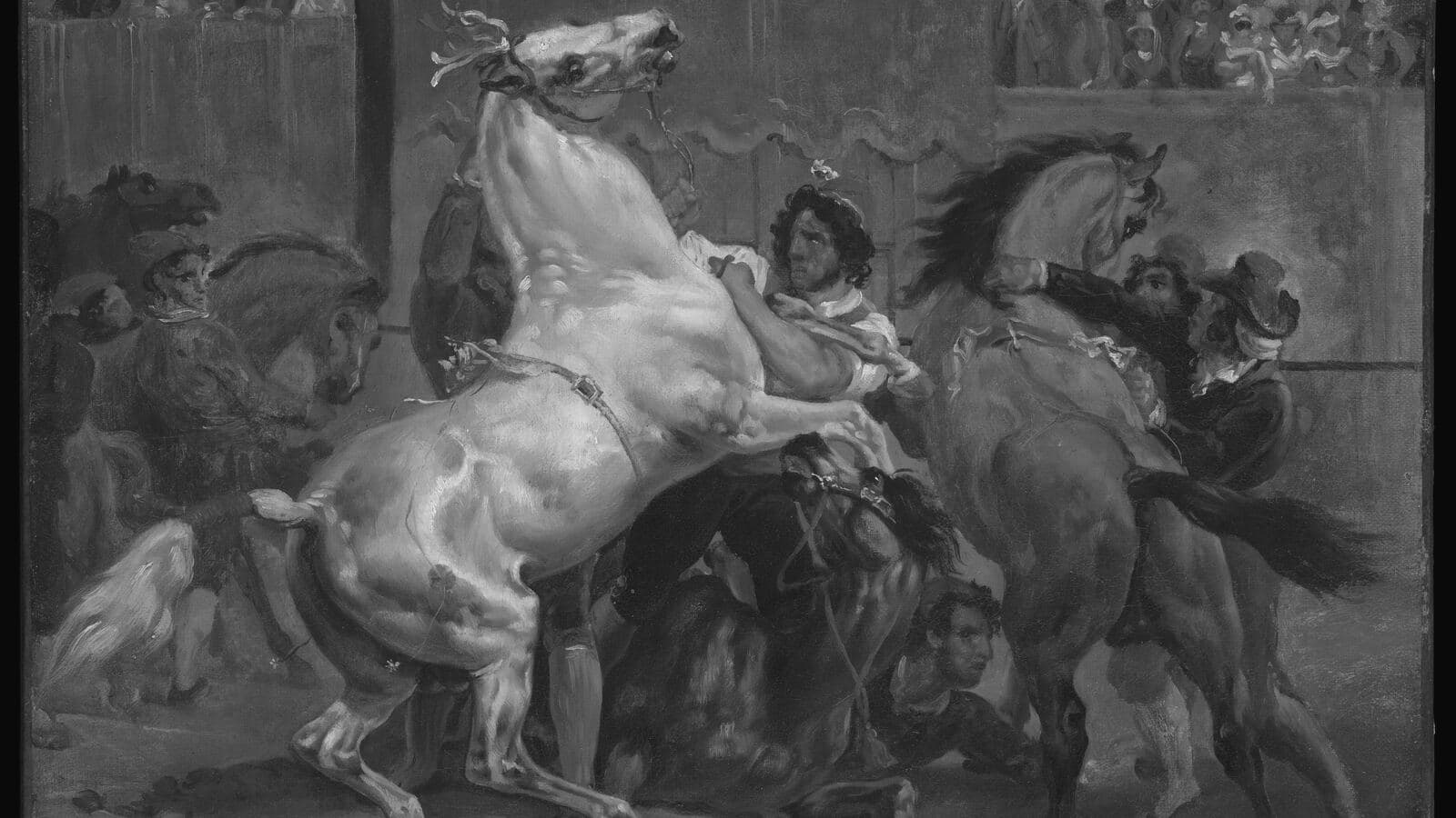 Caballos encabritados antes de la carrera, pintura de Horace Vernet