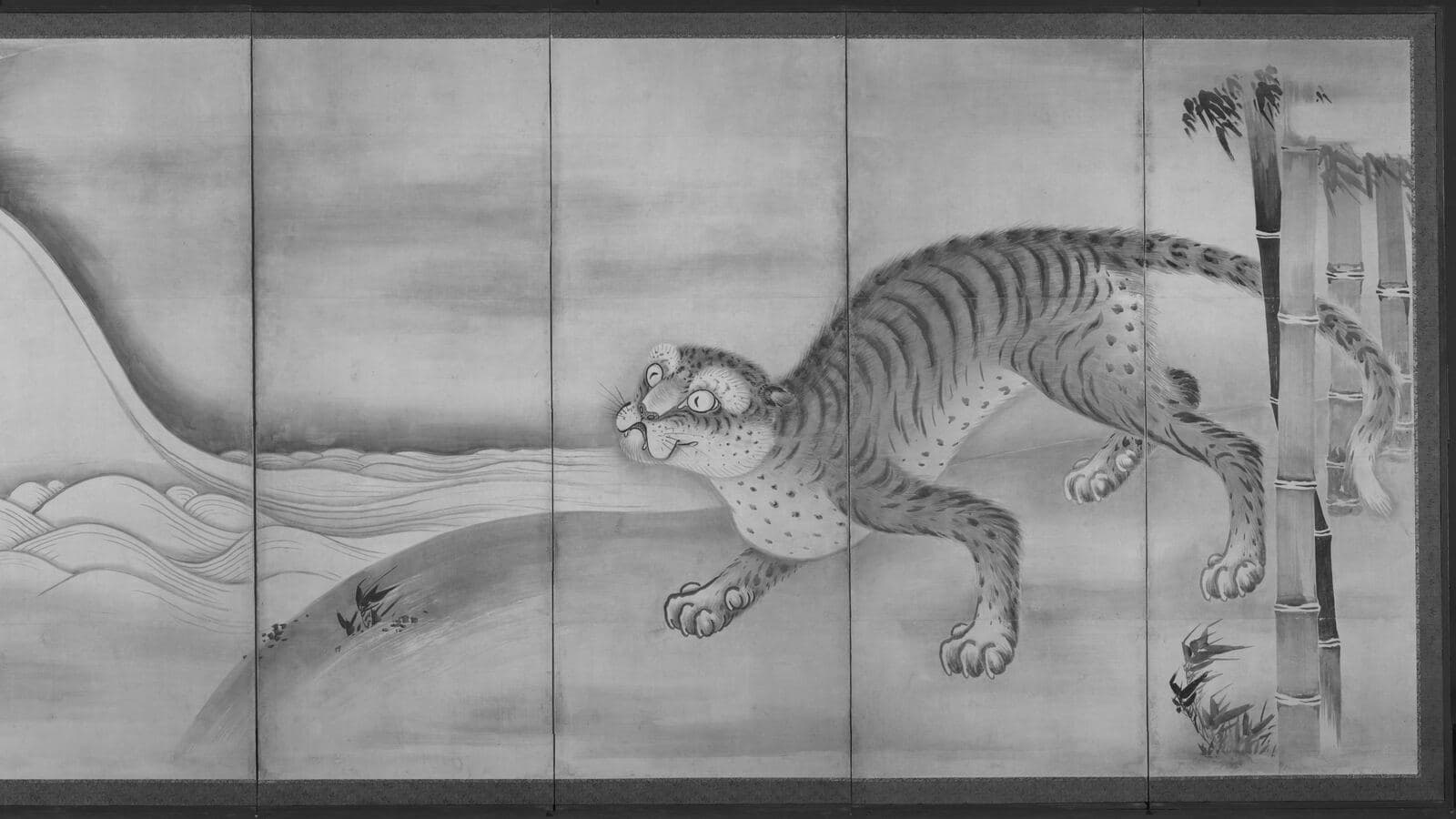 Un tigre que se lanza, biombo de Soga Nichokuan